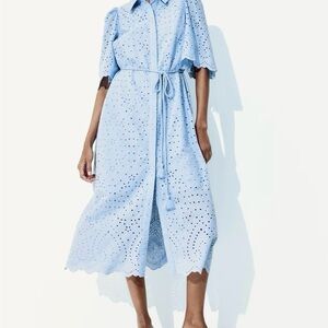 H&M Blue Eyelet Detail Light Blue Midi Shirt Dress. Medium. NWT. SOLD OUT